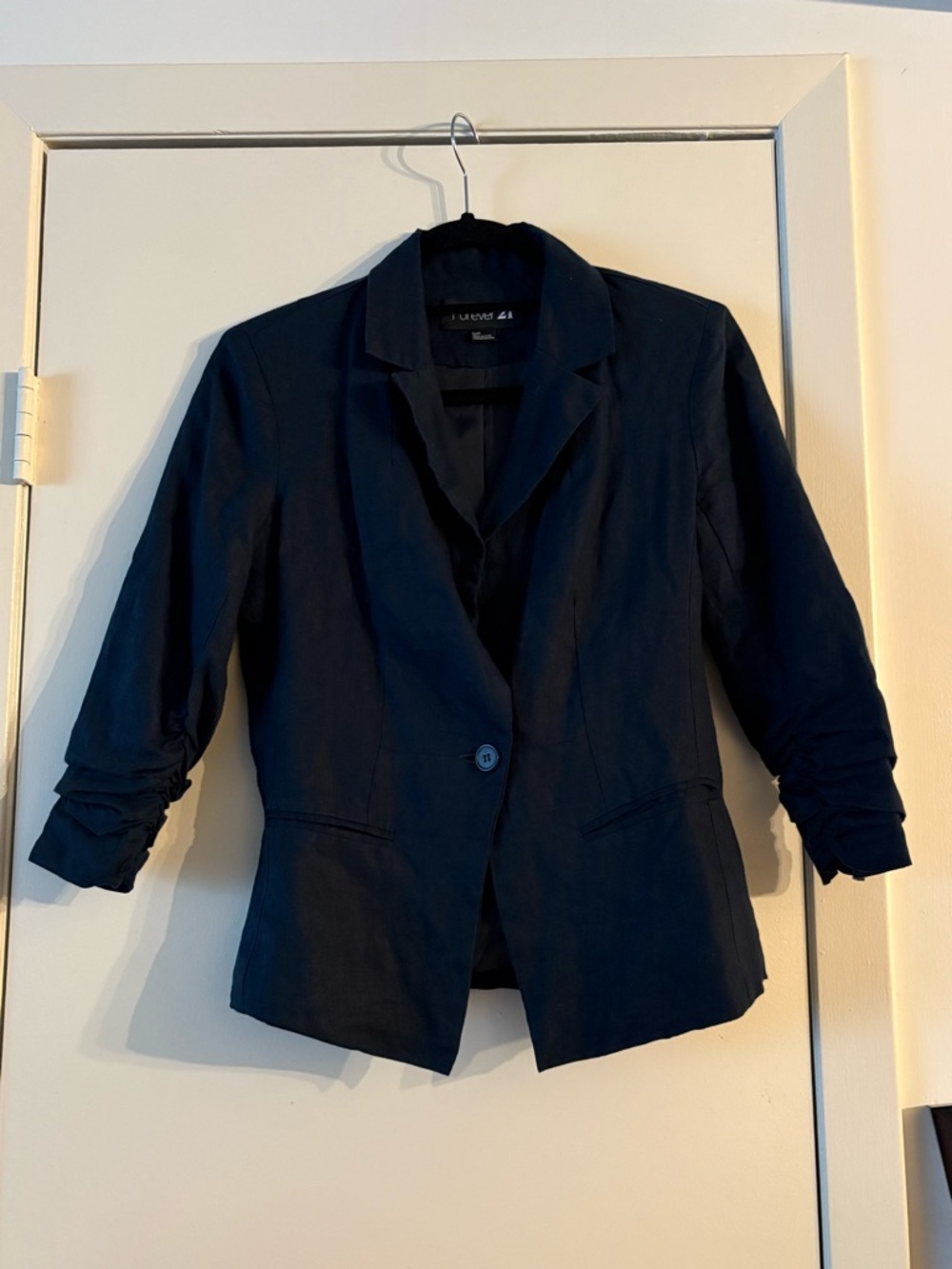 Forever 21 Fitted Dark Single-Button Ruched 3/4 Sleeve Blazer